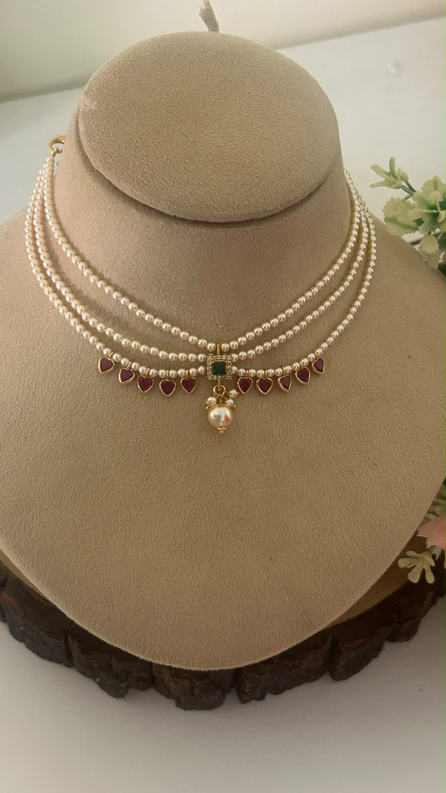 Pearl Choker Necklace with Green Pendant & Heart Polki Drops – Traditional Layered Choker