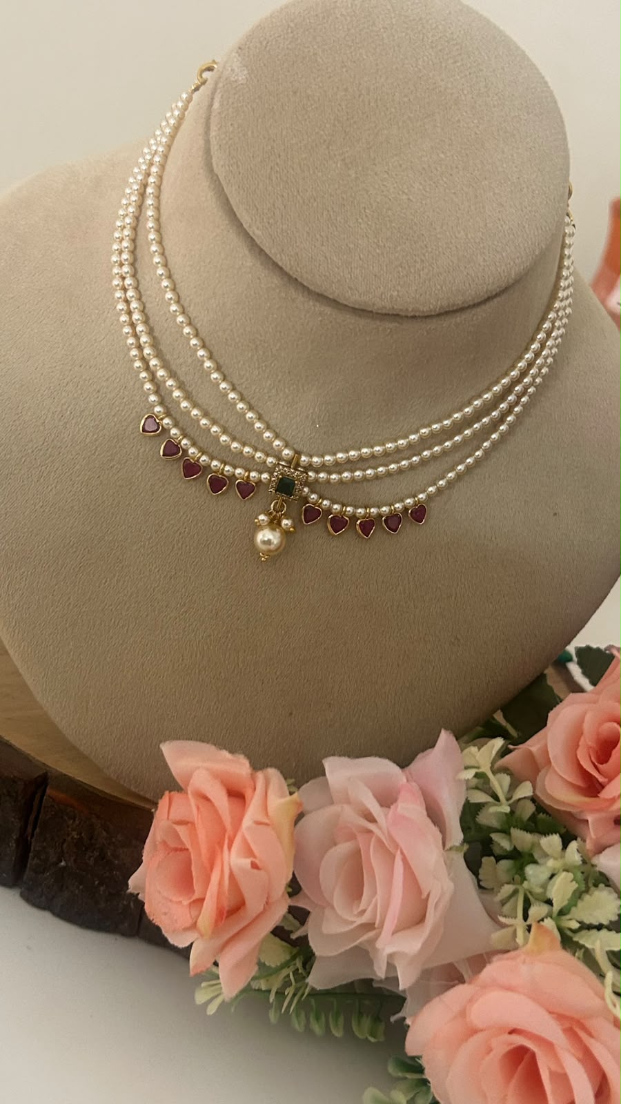 Pearl Choker Necklace with Green Pendant & Heart Polki Drops – Traditional Layered Choker