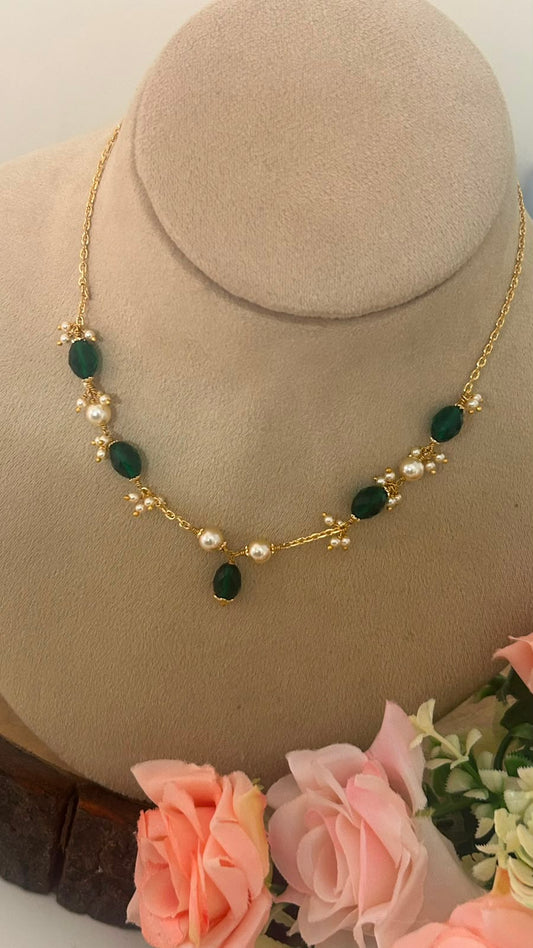 Green Beads Necklace with Swarovski Pearl Drops – 16 Inches Chain