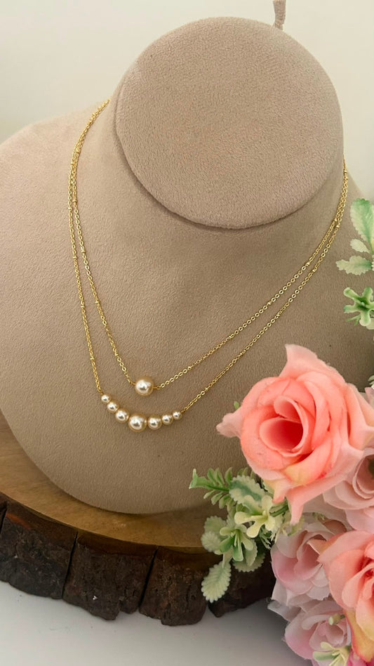 Elegant Double Layer Chain Necklace with Swarovski Pearl Beads in 16 inches