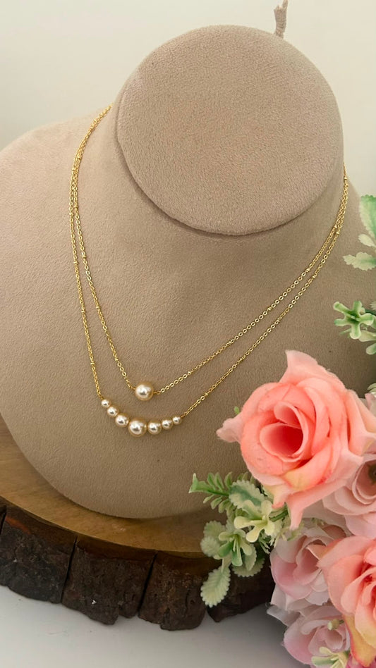 Elegant Double Layer Chain Necklace with Swarovski Pearl Beads in 16 inches