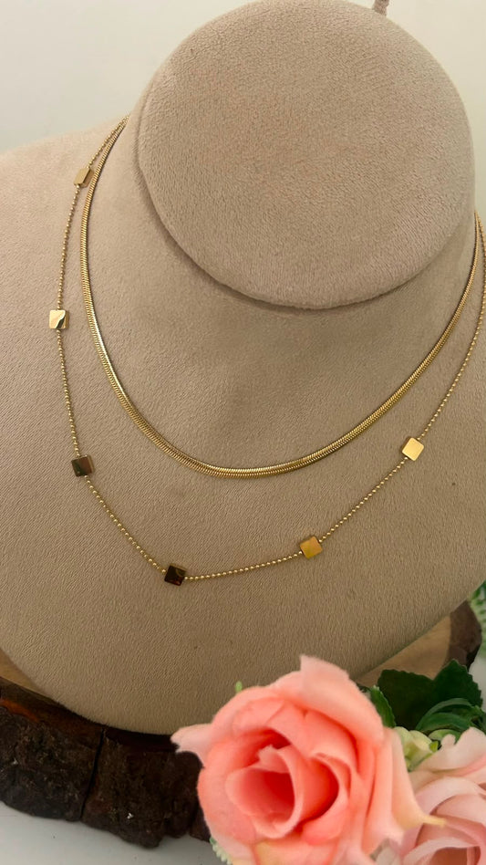 Trendy Anti Tarnish Layered Necklace with Square Drops