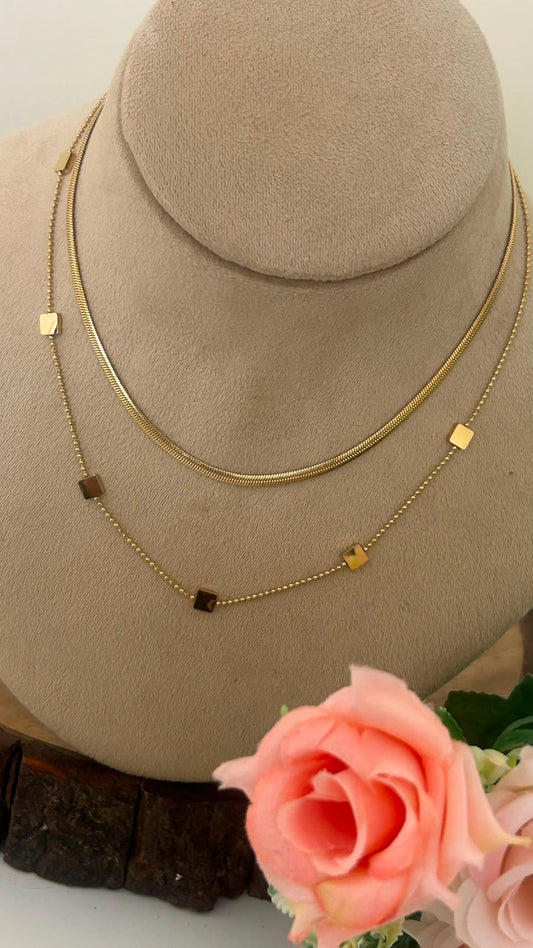 Trendy Anti Tarnish Layered Necklace with Square Drops