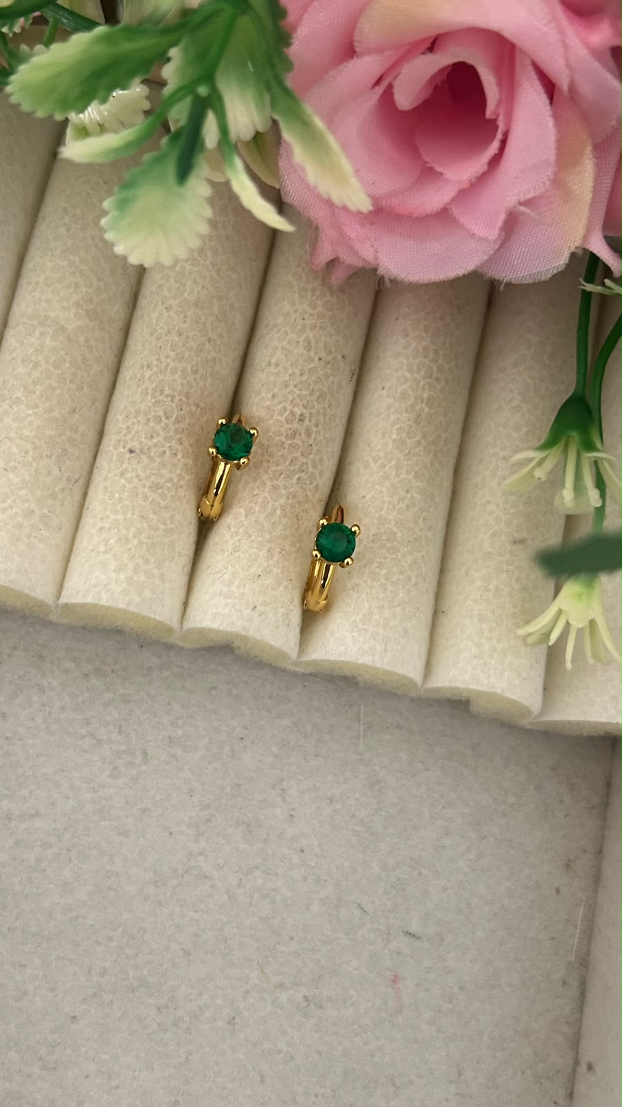 Gold Finish Green Stone Bali Earrings | Elegant medium Bali Hoops