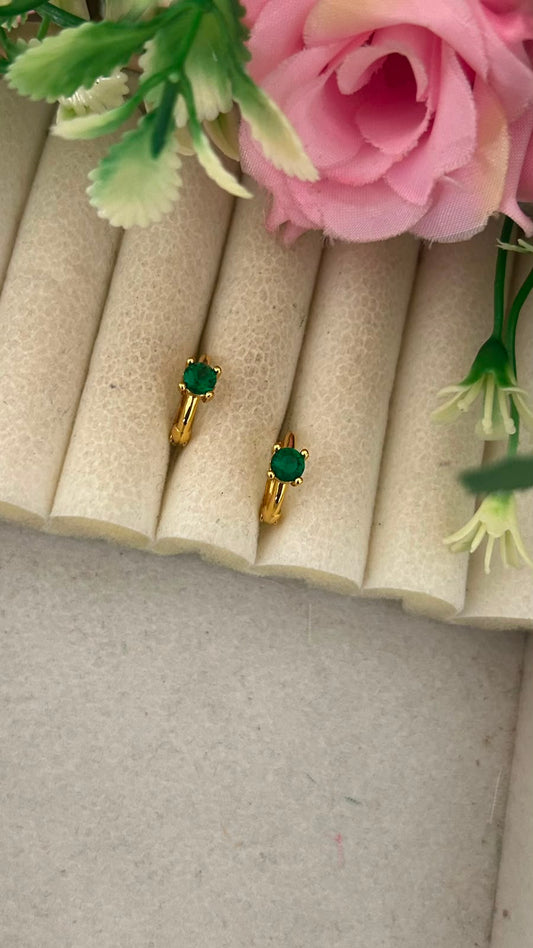 Gold Finish Green Stone Bali Earrings | Elegant medium Bali Hoops