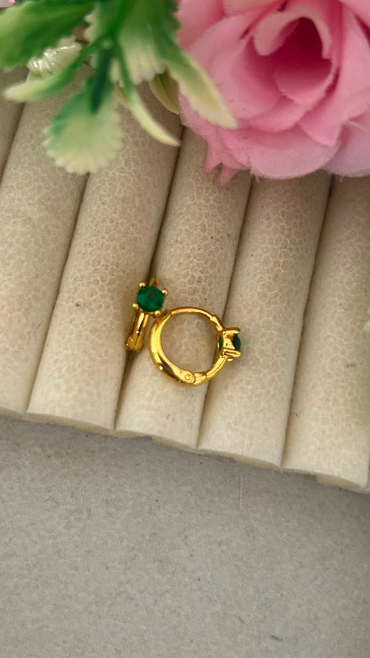 Gold Finish Green Stone Bali Earrings | Elegant medium Bali Hoops