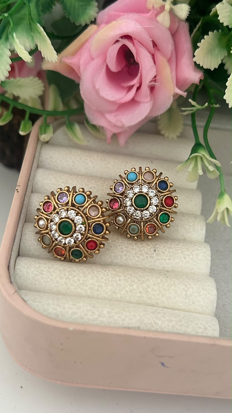 Antique Gold Finish Multi Color Stone Stud Earrings with Green Center