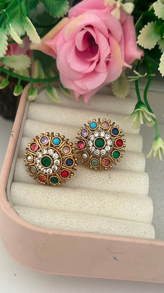 Antique Gold Finish Multi Color Stone Stud Earrings with Green Center