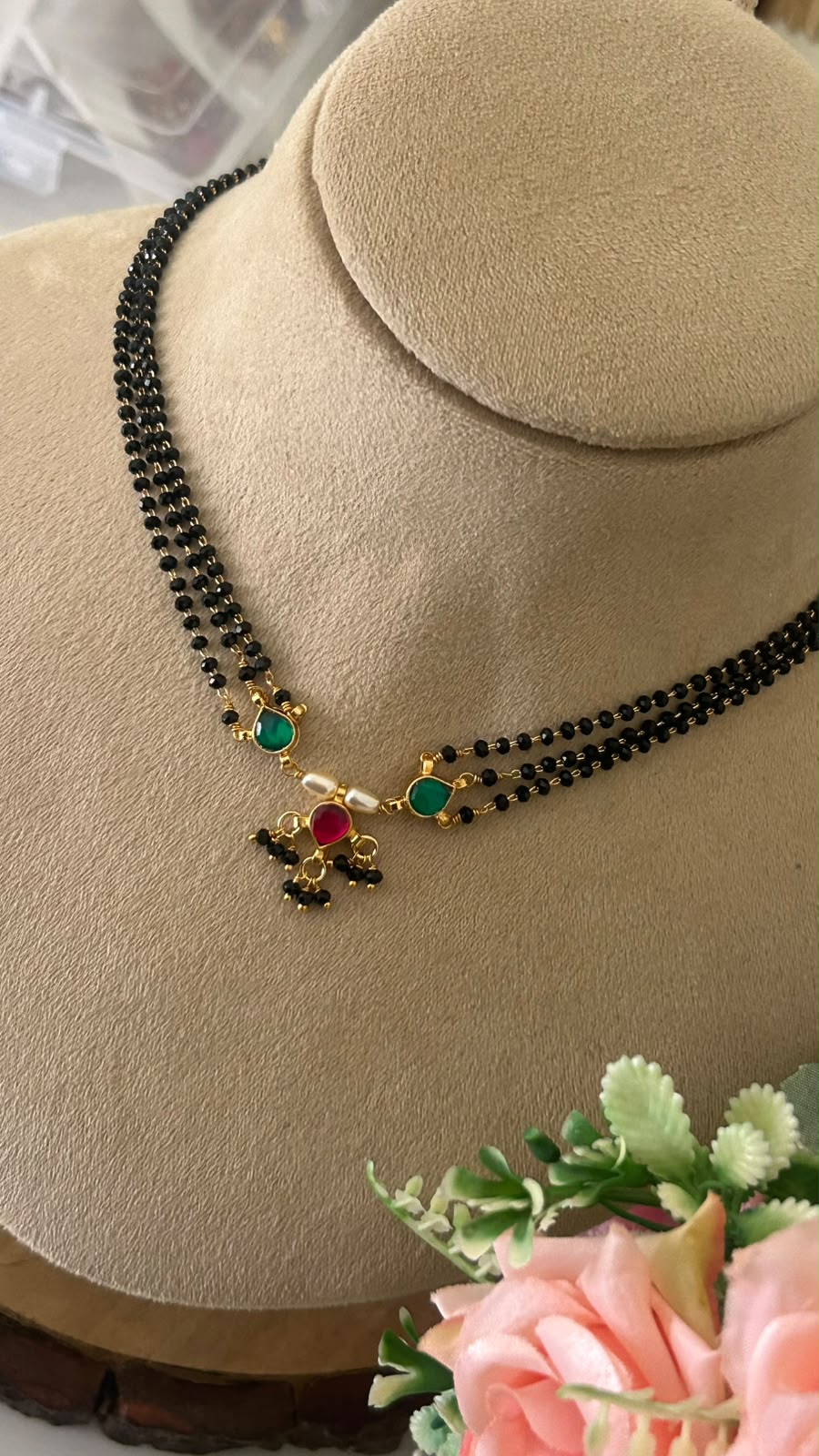 Handmade Black Beads Necklace with Kundan Drops and Adjustable Back Thread