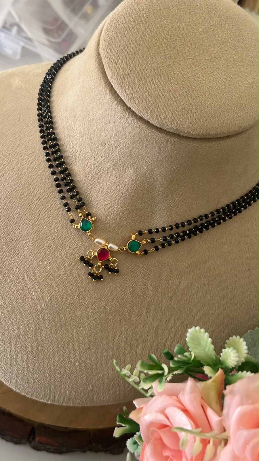 Handmade Black Beads Necklace with Kundan Drops and Adjustable Back Thread