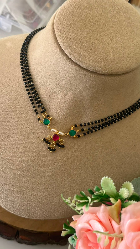 Handmade Black Beads Necklace with Kundan Drops and Adjustable Back Thread
