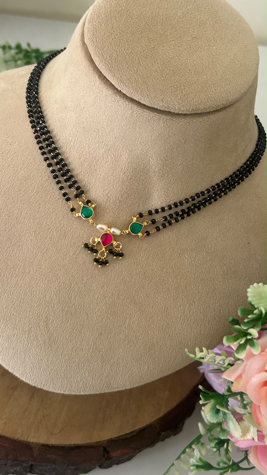 Handmade Black Beads Necklace with Kundan Drops and Adjustable Back Thread
