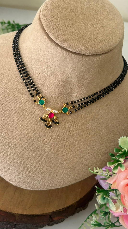 Handmade Black Beads Necklace with Kundan Drops and Adjustable Back Thread