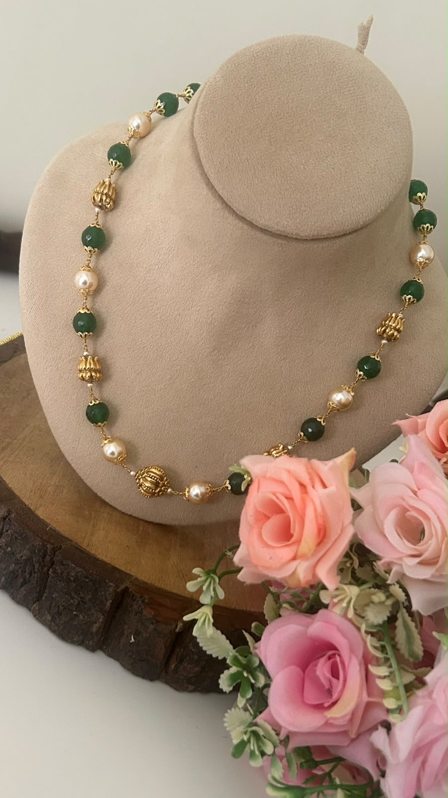 Handmade Elegant Handmade Swarovski Pearl & Green Onyx Beads Chain with Nakshi Balls& Back Thread Adjustment