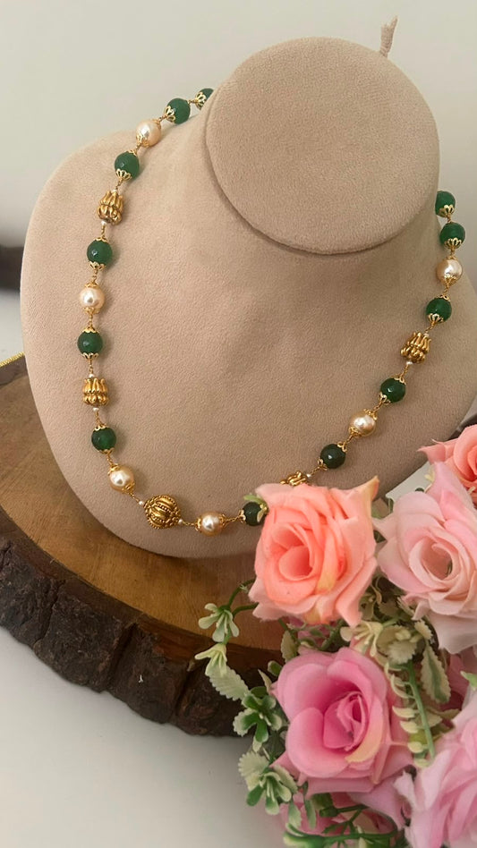 Handmade Elegant Handmade Swarovski Pearl & Green Onyx Beads Chain with Nakshi Balls& Back Thread Adjustment