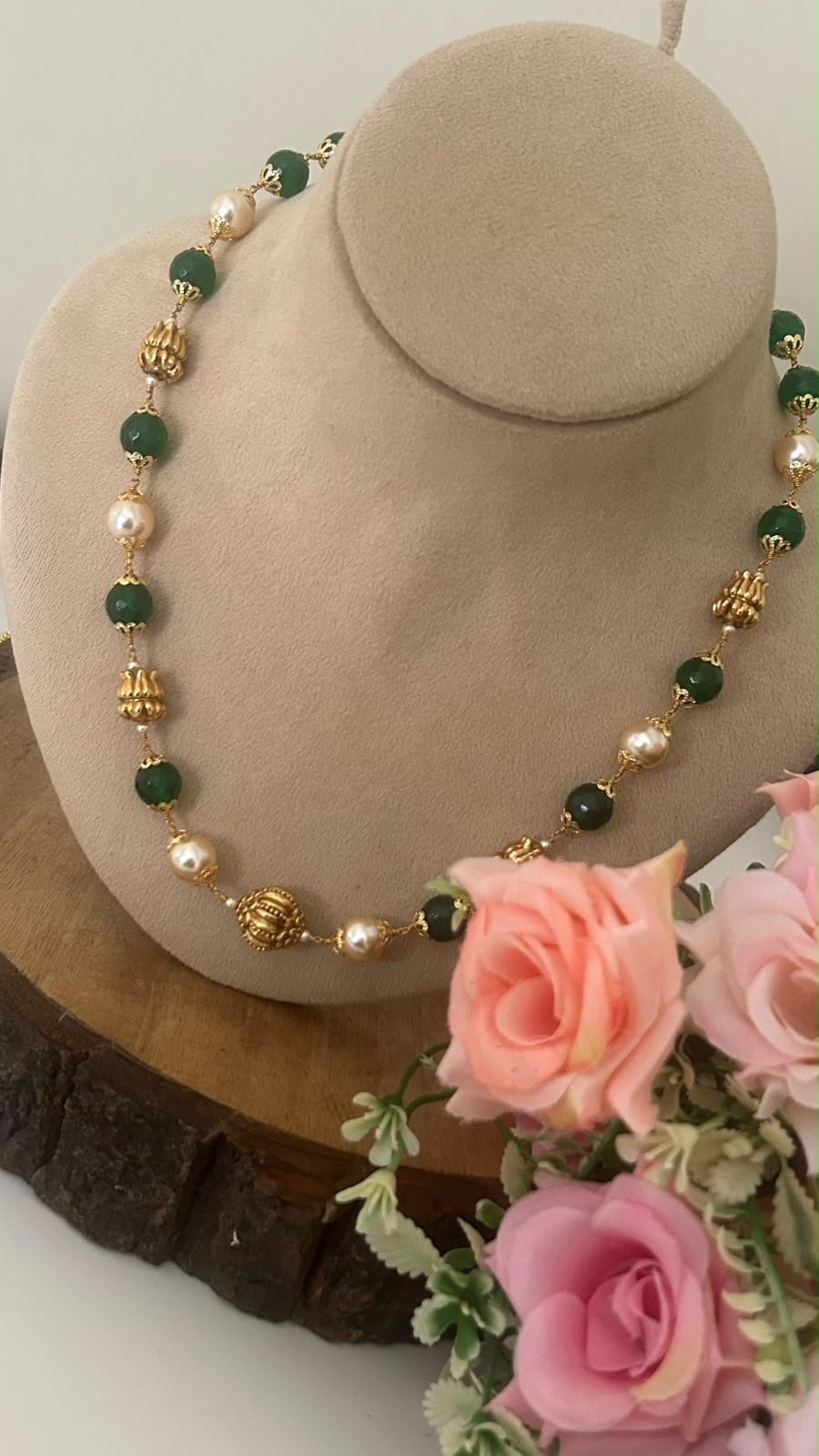 Handmade Elegant Handmade Swarovski Pearl & Green Onyx Beads Chain with Nakshi Balls& Back Thread Adjustment