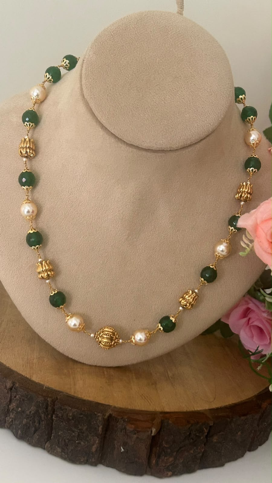 Handmade Elegant Handmade Swarovski Pearl & Green Onyx Beads Chain with Nakshi Balls& Back Thread Adjustment
