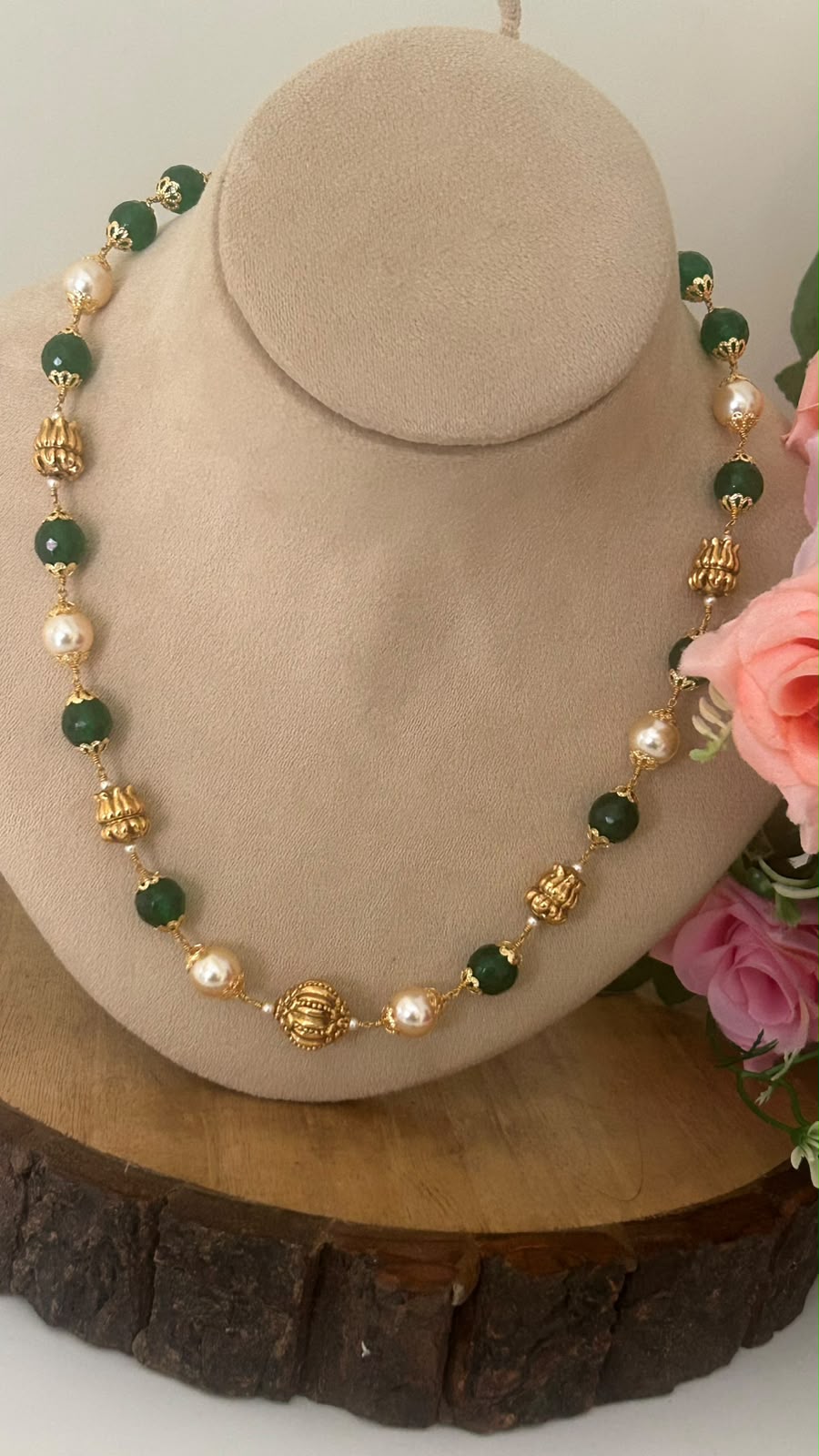 Handmade Elegant Handmade Swarovski Pearl & Green Onyx Beads Chain with Nakshi Balls& Back Thread Adjustment