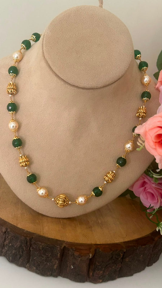 Handmade Elegant Handmade Swarovski Pearl & Green Onyx Beads Chain with Nakshi Balls& Back Thread Adjustment