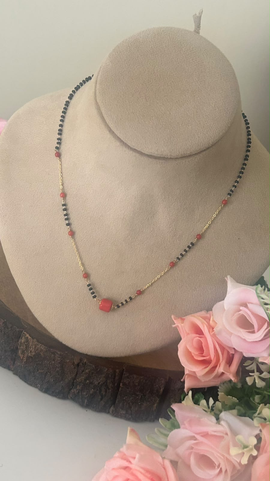 Black Beads Necklace with Red Coral Beads in 16 inches with back side extra hopps