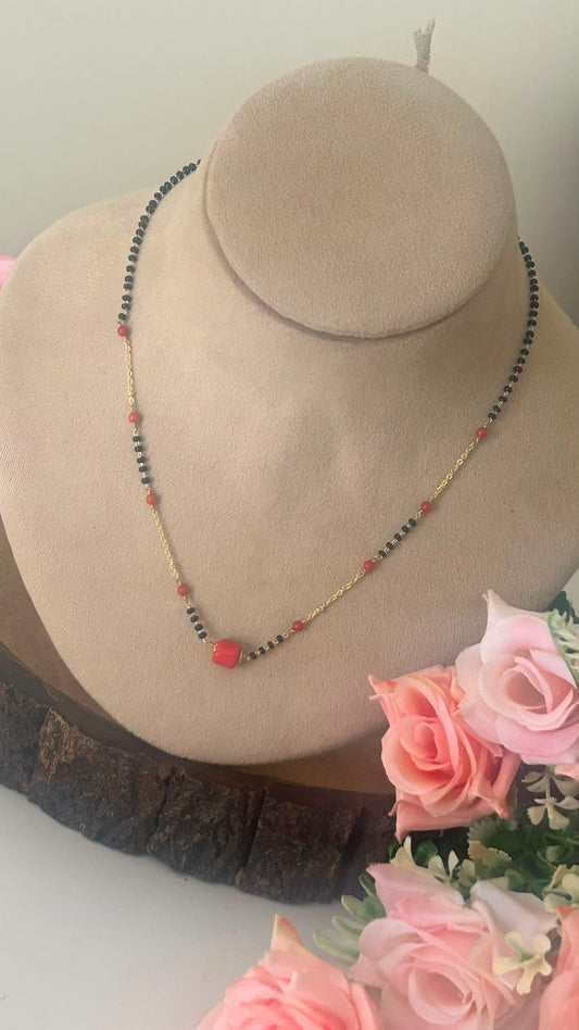 Black Beads Necklace with Red Coral Beads in 16 inches with back side extra hopps