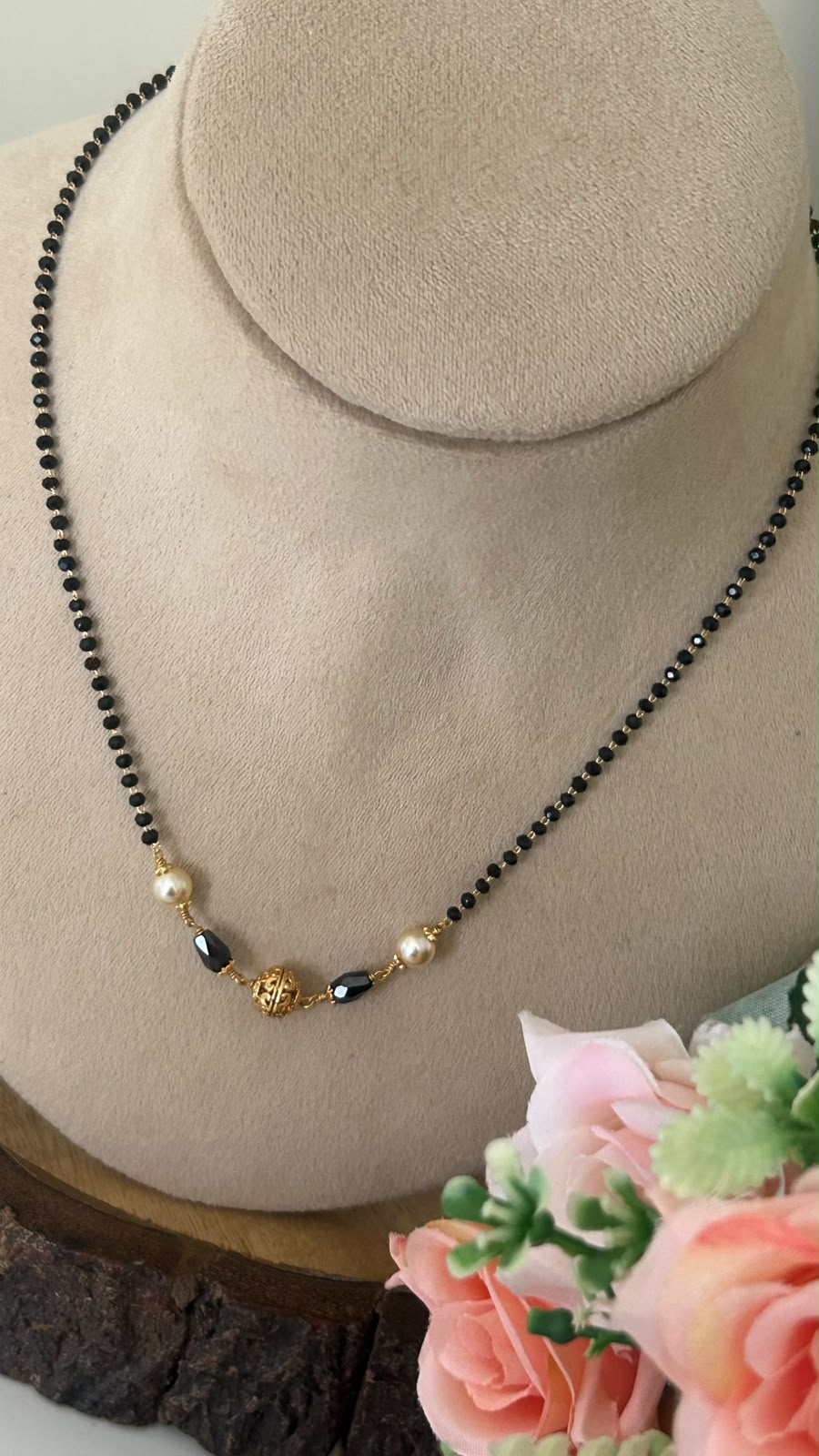 Handmade Black cz Beads Chain with Swarovski Pearls & Gold Nakshi Ball – 18 Inch