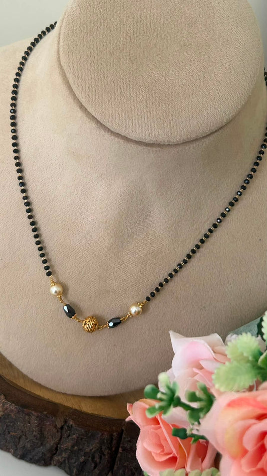 Handmade Black cz Beads Chain with Swarovski Pearls & Gold Nakshi Ball – 18 Inch