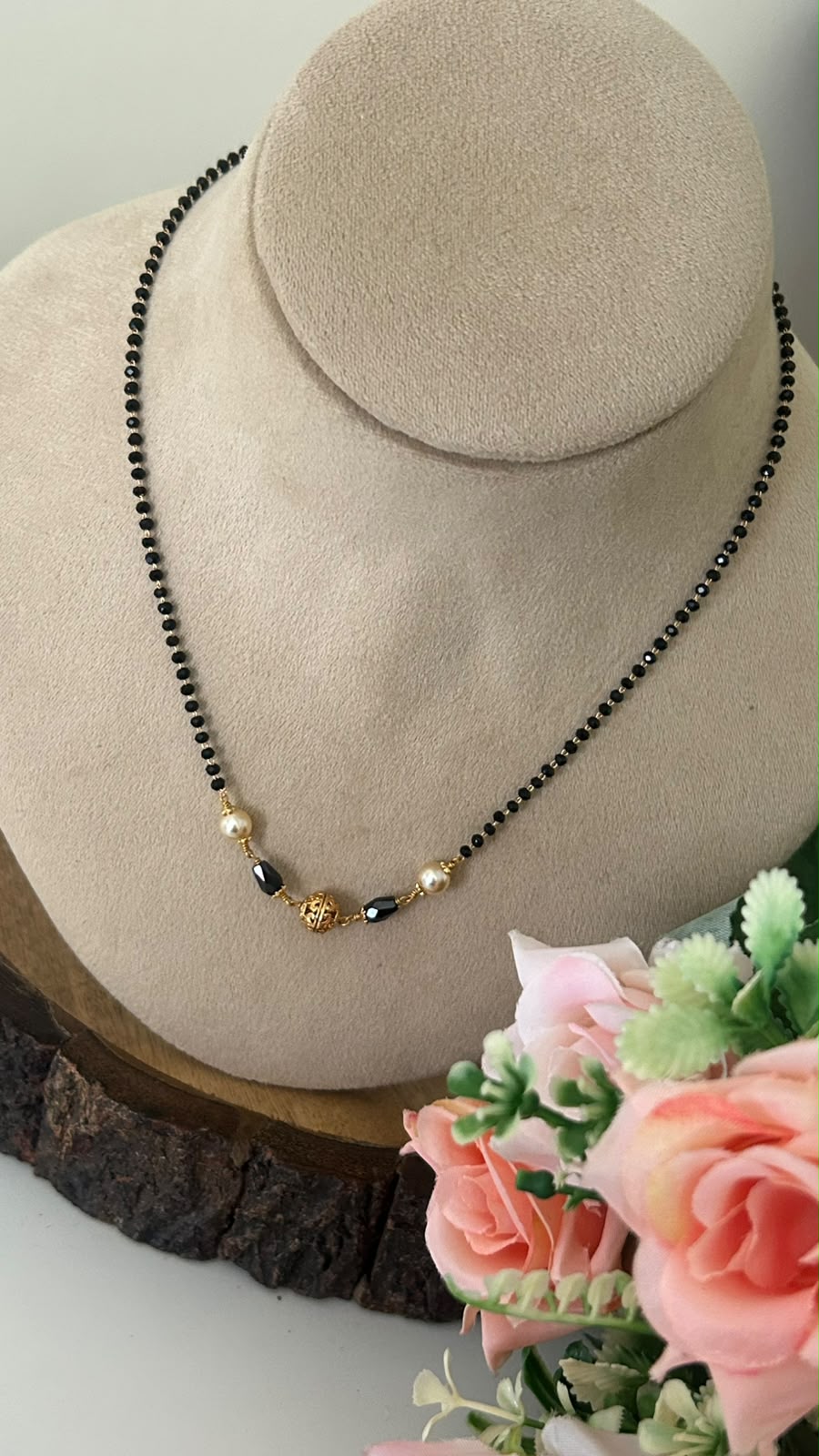 Handmade Black cz Beads Chain with Swarovski Pearls & Gold Nakshi Ball – 18 Inch
