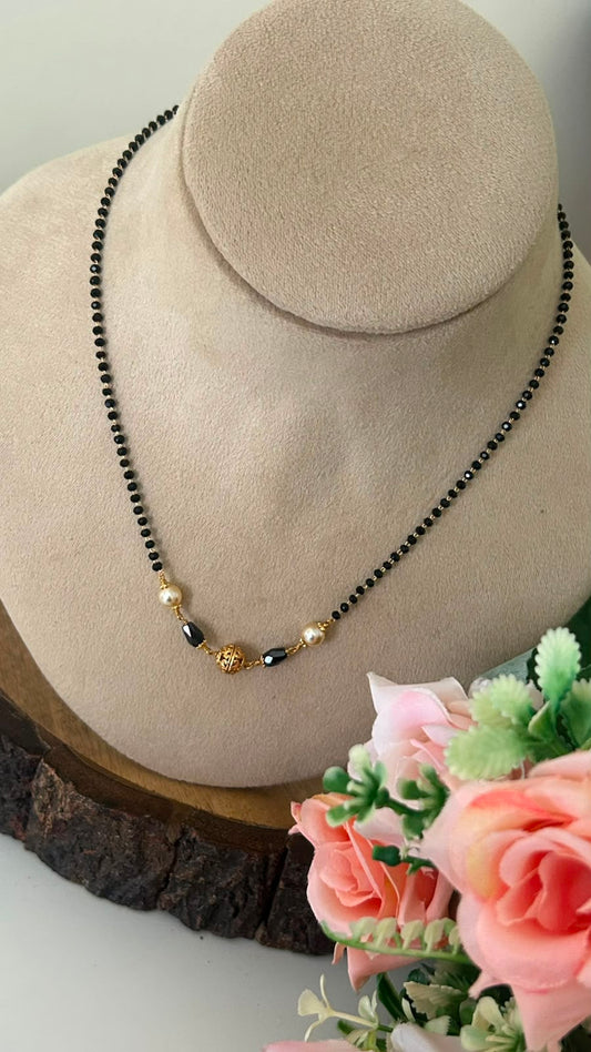 Handmade Black cz Beads Chain with Swarovski Pearls & Gold Nakshi Ball – 18 Inch