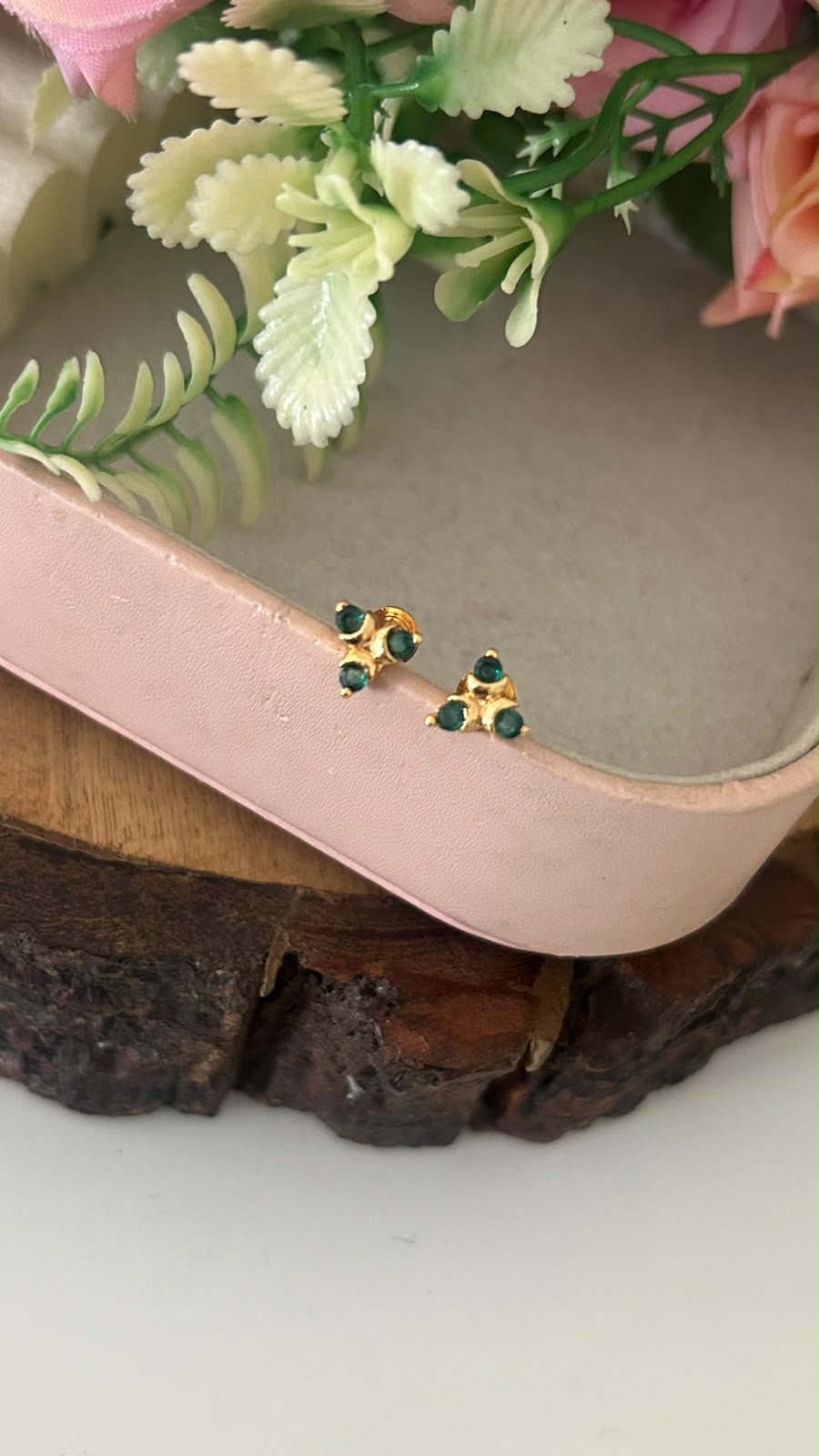 Traditional Panchaloham Three Stone Stud Earrings in green with Gold Finish