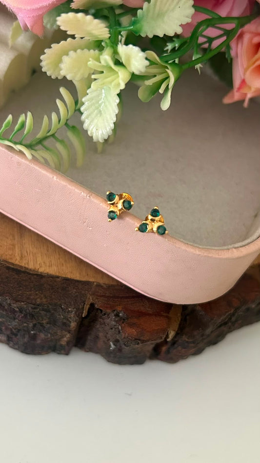 Traditional Panchaloham Three Stone Stud Earrings in green with Gold Finish