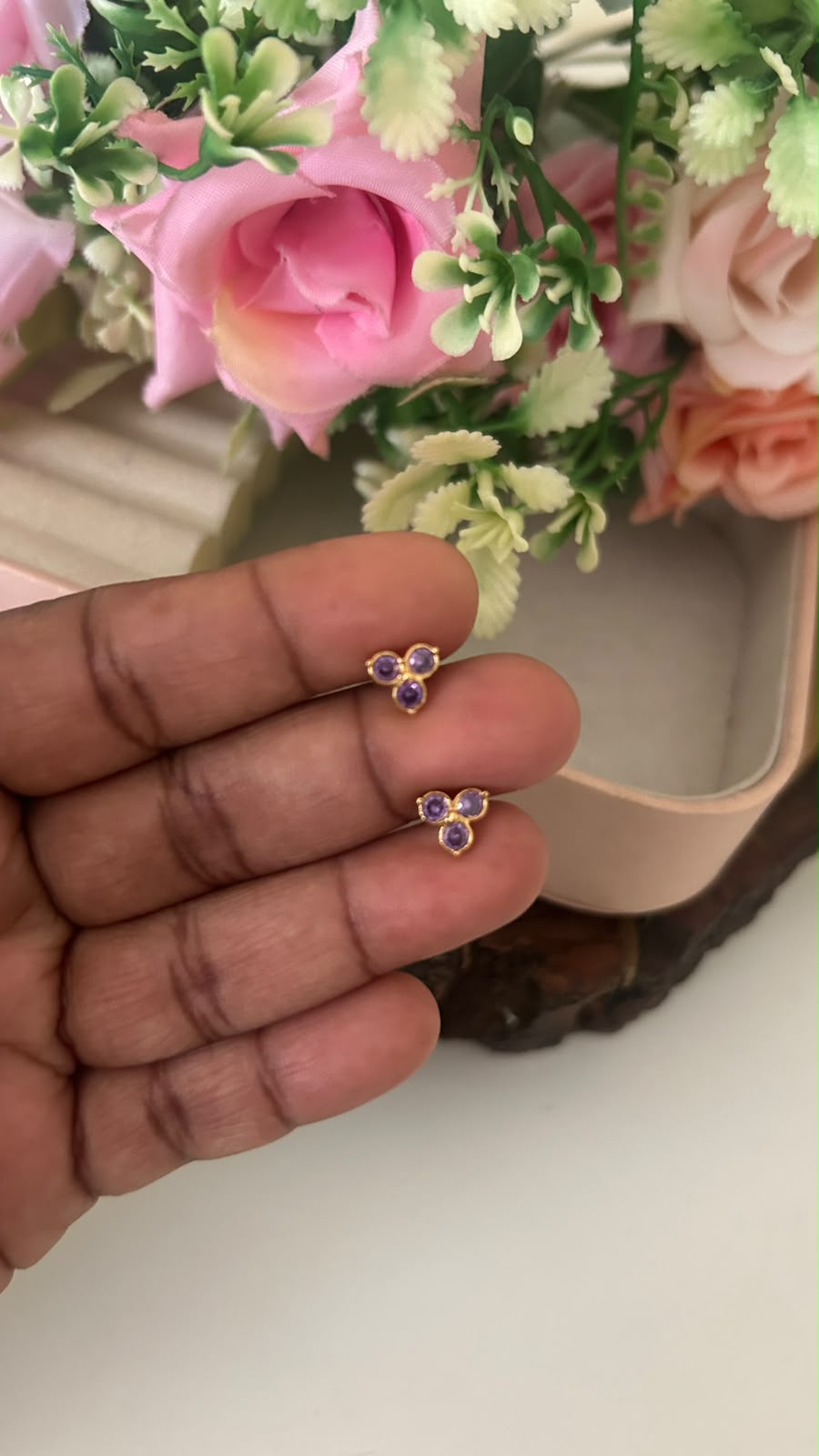 Elegant Triple Diamond Stud Earrings in Panchaloham ( small size) in purple