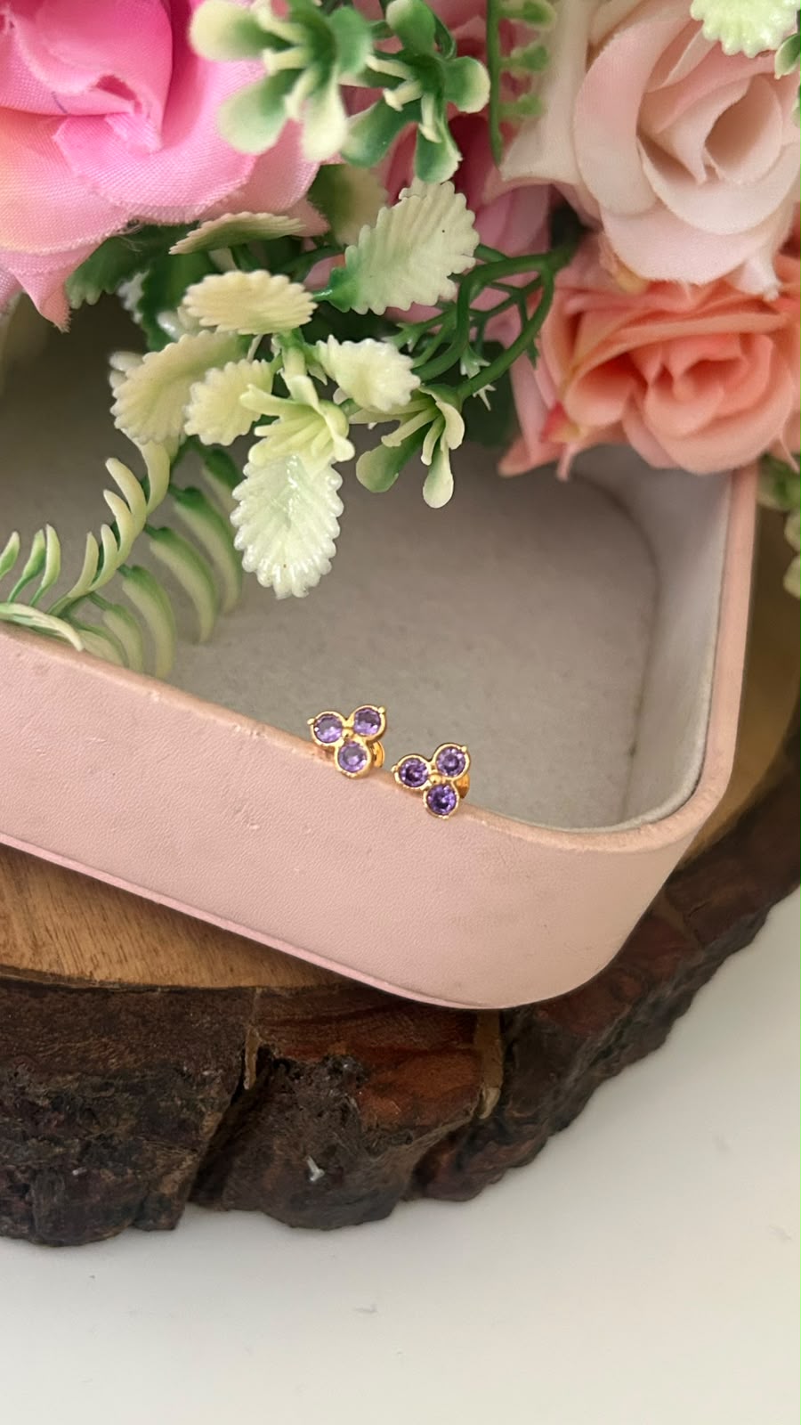Elegant Triple Diamond Stud Earrings in Panchaloham ( small size) in purple