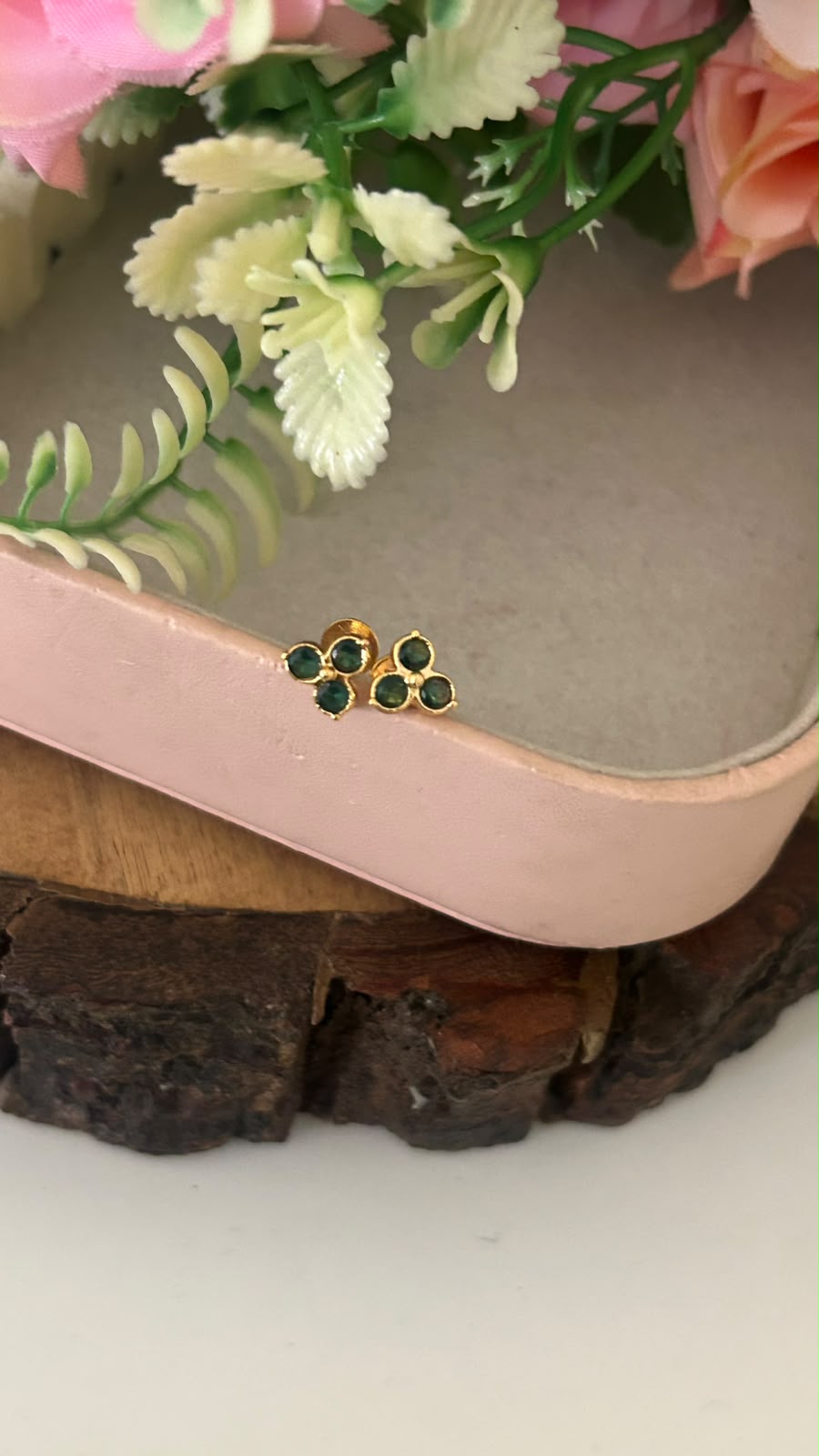 Elegant Triple Diamond Stud Earrings in Panchaloham ( small size) in green