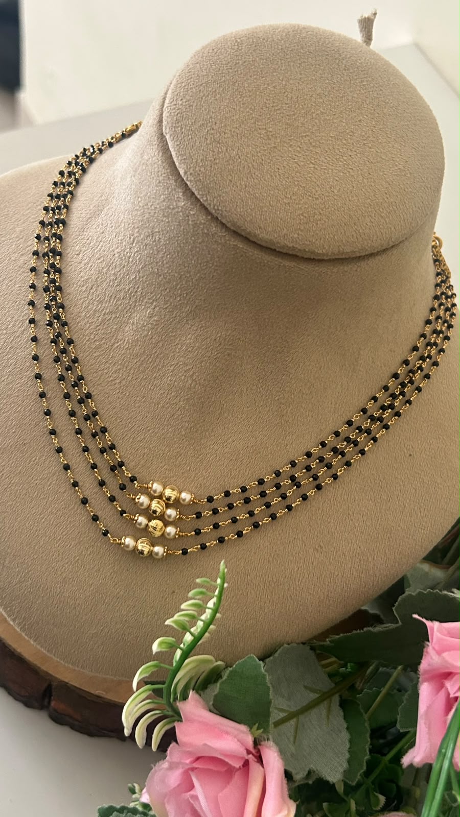 Handmade Multi Layer Black Beads Chain with Pearl & Gold Balls, Back Side Adjustable Thread