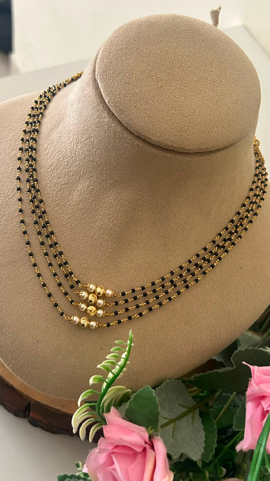 Handmade Multi Layer Black Beads Chain with Pearl & Gold Balls, Back Side Adjustable Thread