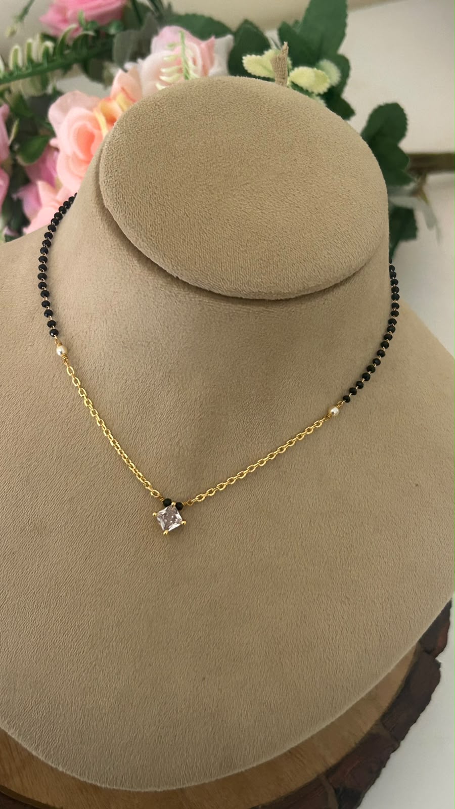 Handmade 16 Inch Black Beads Chain with Chain & Square CZ Pendant