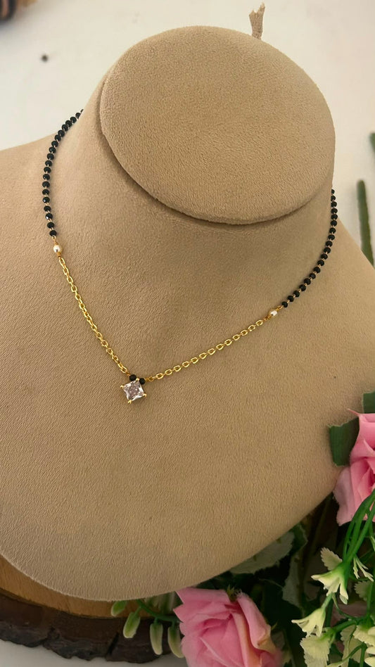 Handmade 16 Inch Black Beads Chain with Chain & Square CZ Pendant
