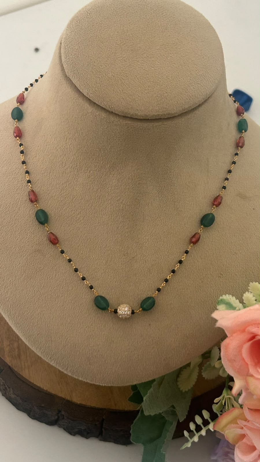 Black Beads Chain with Green Beads, Red Beads and CZ Ball Pendant