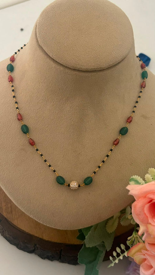 Black Beads Chain with Green Beads, Red Beads and CZ Ball Pendant