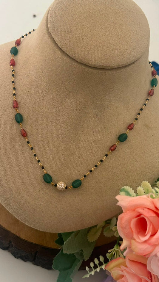 Black Beads Chain with Green Beads, Red Beads and CZ Ball Pendant