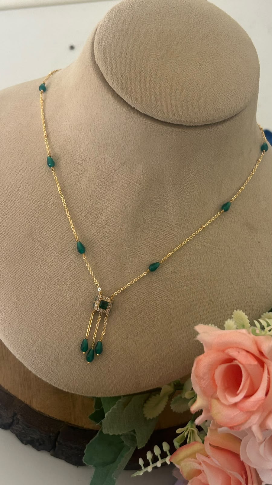 Black Beads Gold Chain with CZ Stone Pendant and Hanging Drops