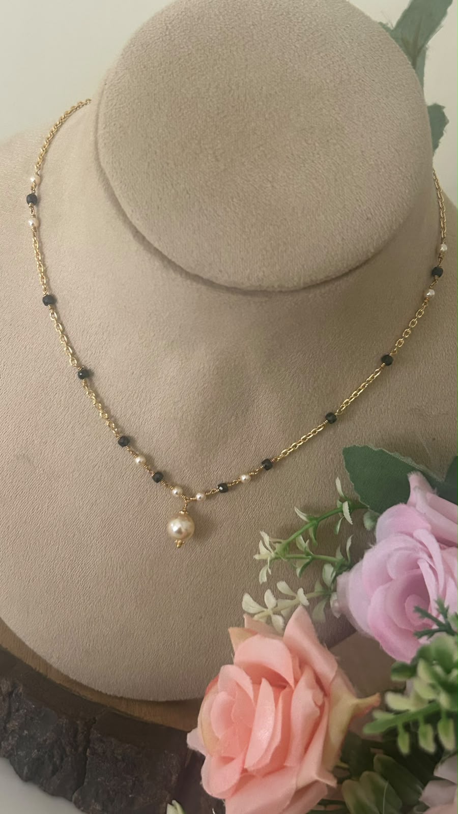 Samantha Inspired Black Beads Chain with Pearl Drop Pendant | Mangalsutra Style Necklace