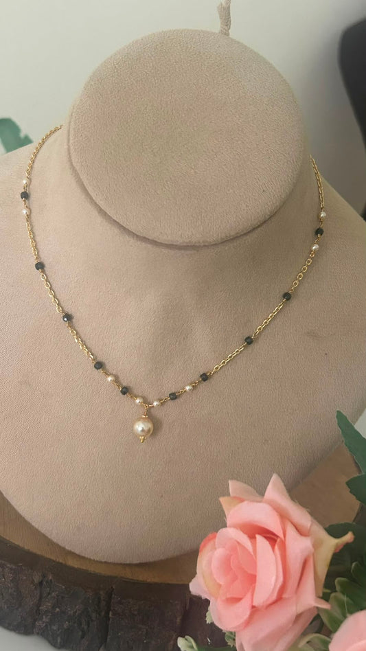 Samantha Inspired Black Beads Chain with Pearl Drop Pendant | Mangalsutra Style Necklace