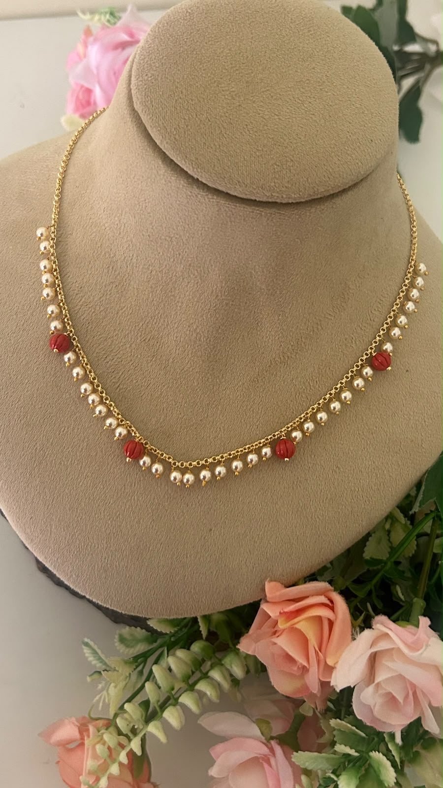 Pearl Drop Necklace with coral Beads | Elegant Handmade Short Chain for Women