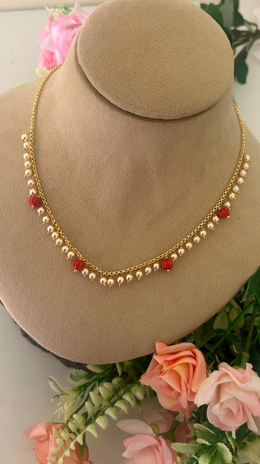 Pearl Drop Necklace with coral Beads | Elegant Handmade Short Chain for Women