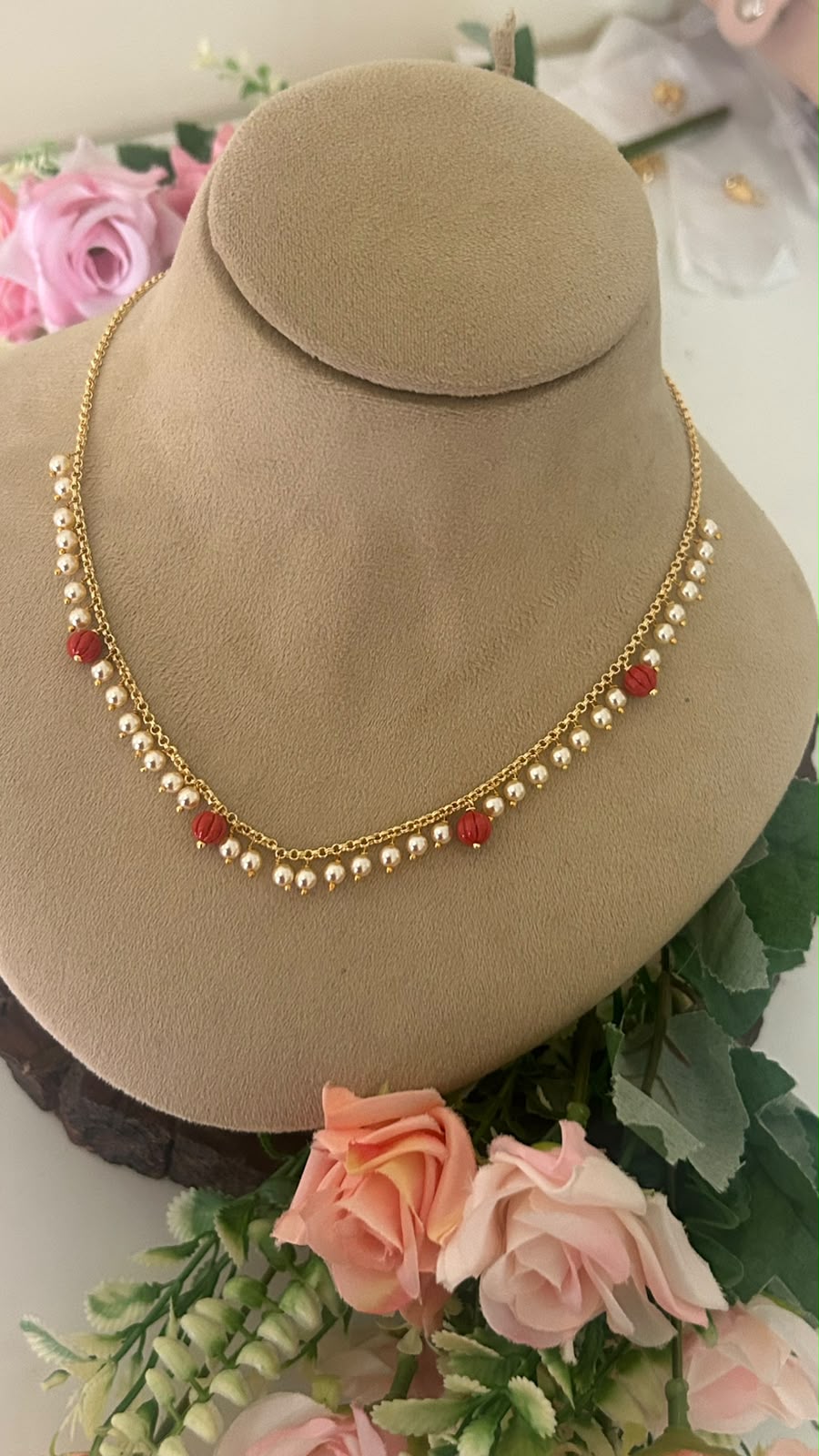 Pearl Drop Necklace with coral Beads | Elegant Handmade Short Chain for Women