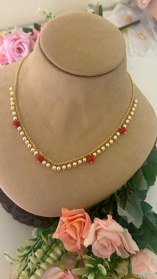 Pearl Drop Necklace with coral Beads | Elegant Handmade Short Chain for Women