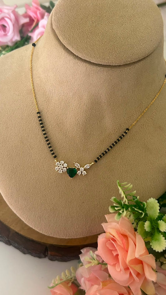 Green Heart Pendant Black Beads Mangalsutra Chain with CZ Flower Design