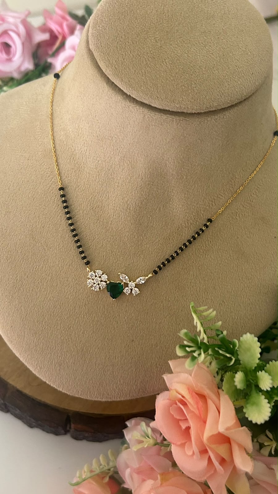 Green Heart Pendant Black Beads Mangalsutra Chain with CZ Flower Design
